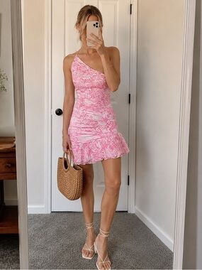 Amanda Uprichard Pink and White One-Shoulder Asymmetrical Mini Dress